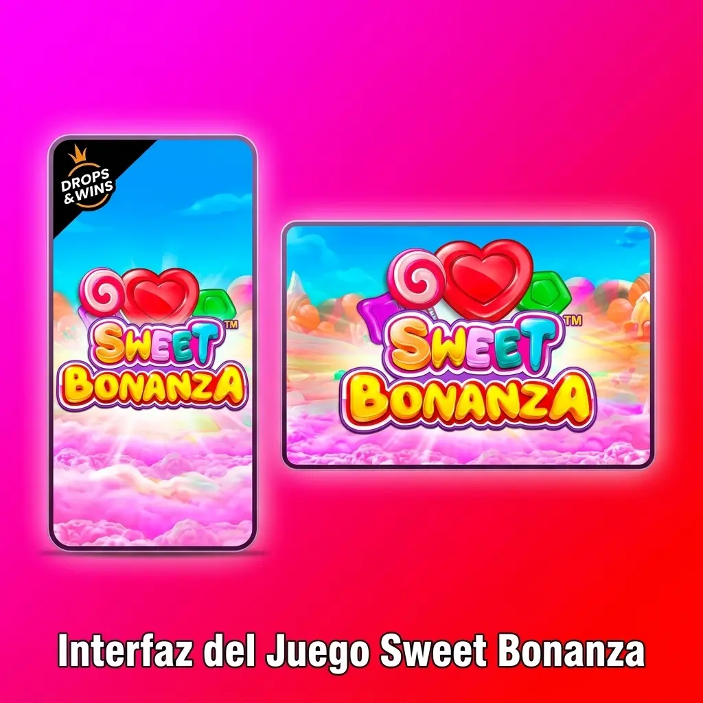 Interfaz colorida de Sweet Bonanza con cuadrícula 6x5 y controles de apuesta en la parte inferior de la pantalla.