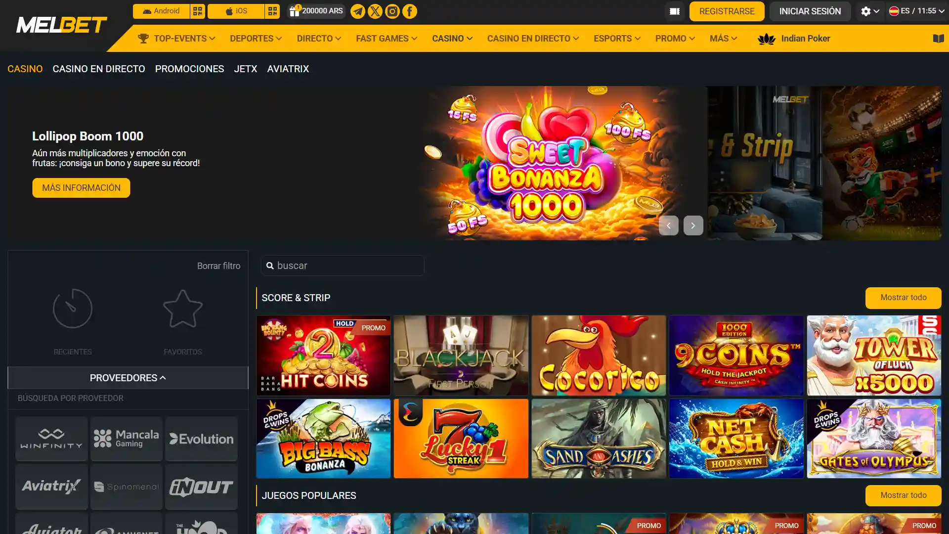 Navegación por el menú principal de la plataforma web hacia la categoría de tragamonedas o slots online.