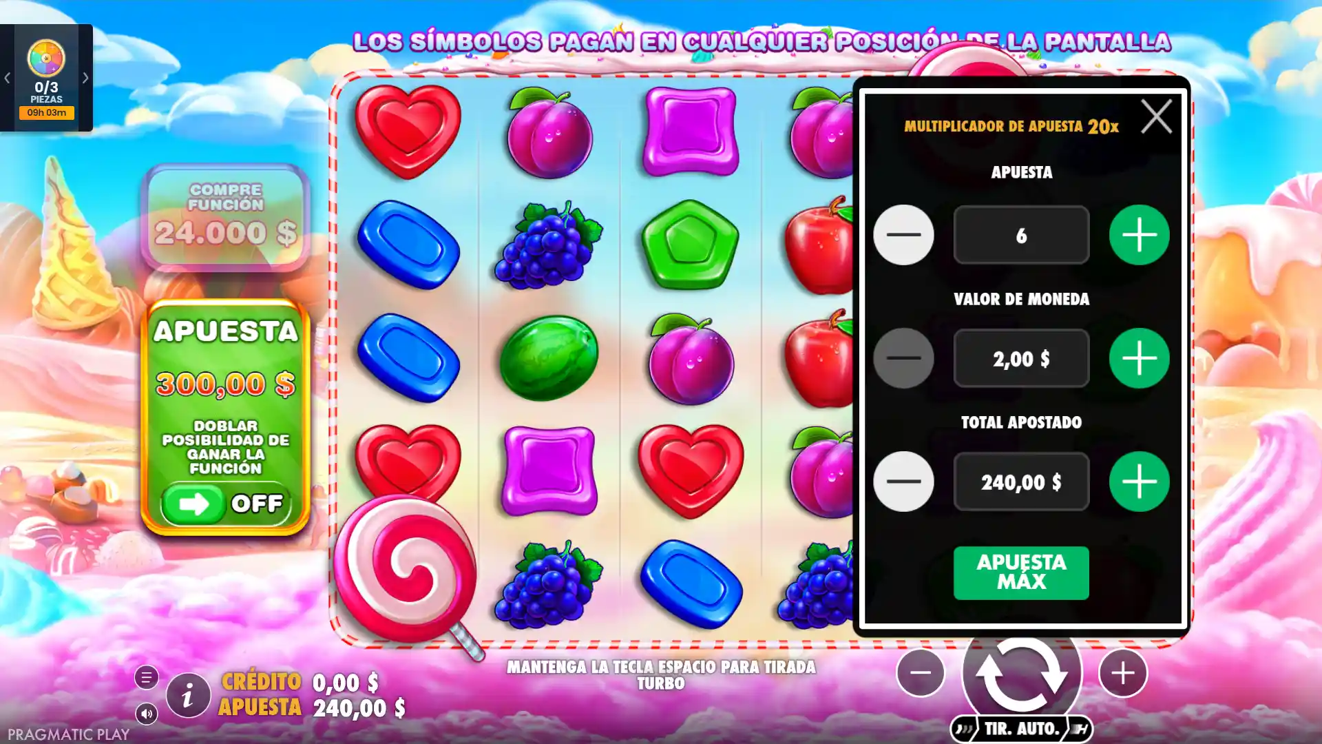 Gira los rodillos para buscar combinaciones de caramelos, disfruta del juego y retira tus ganancias acumuladas de forma segura.