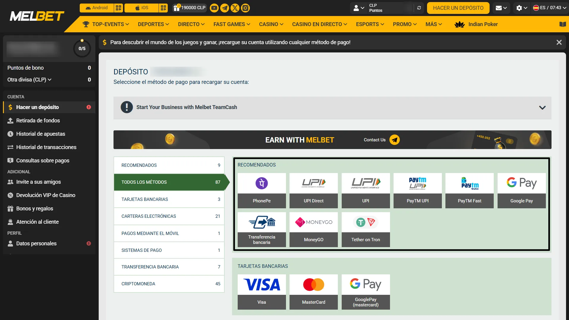Recarga saldo en tu cuenta utilizando los métodos de pago locales disponibles en Chile para tener fondos de juego.