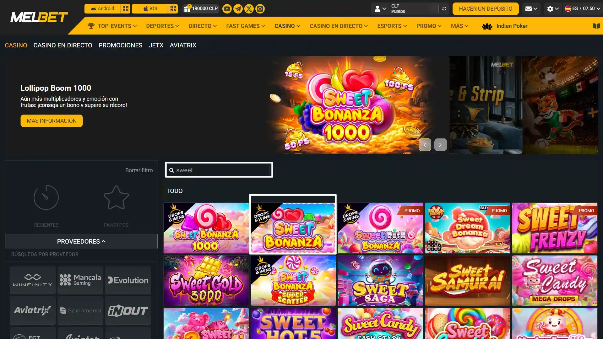 Escribe el nombre de la tragamonedas Sweet Bonanza en el buscador del lobby de juegos del casino para comenzar a jugar.