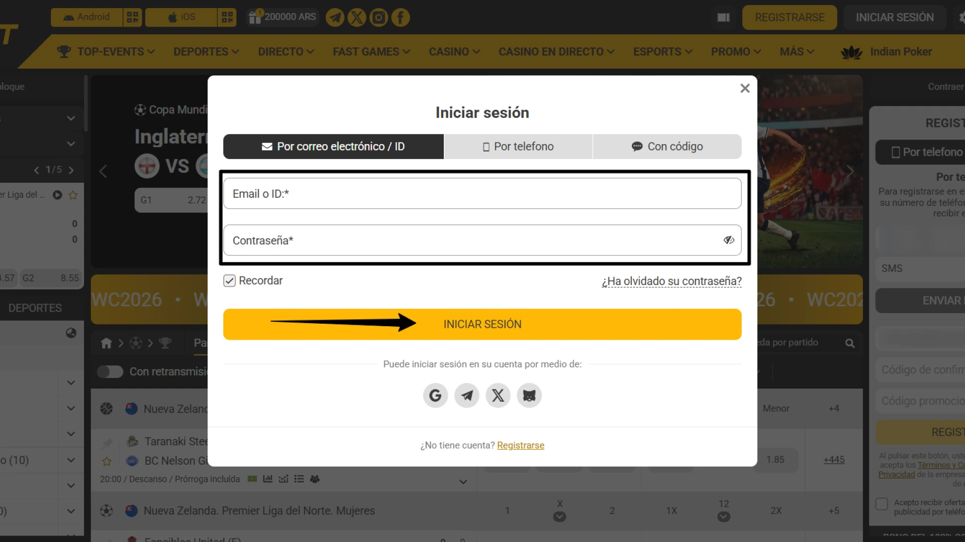 Ingresa tu correo electrónico y contraseña en el panel de acceso para entrar a tu perfil de jugador.