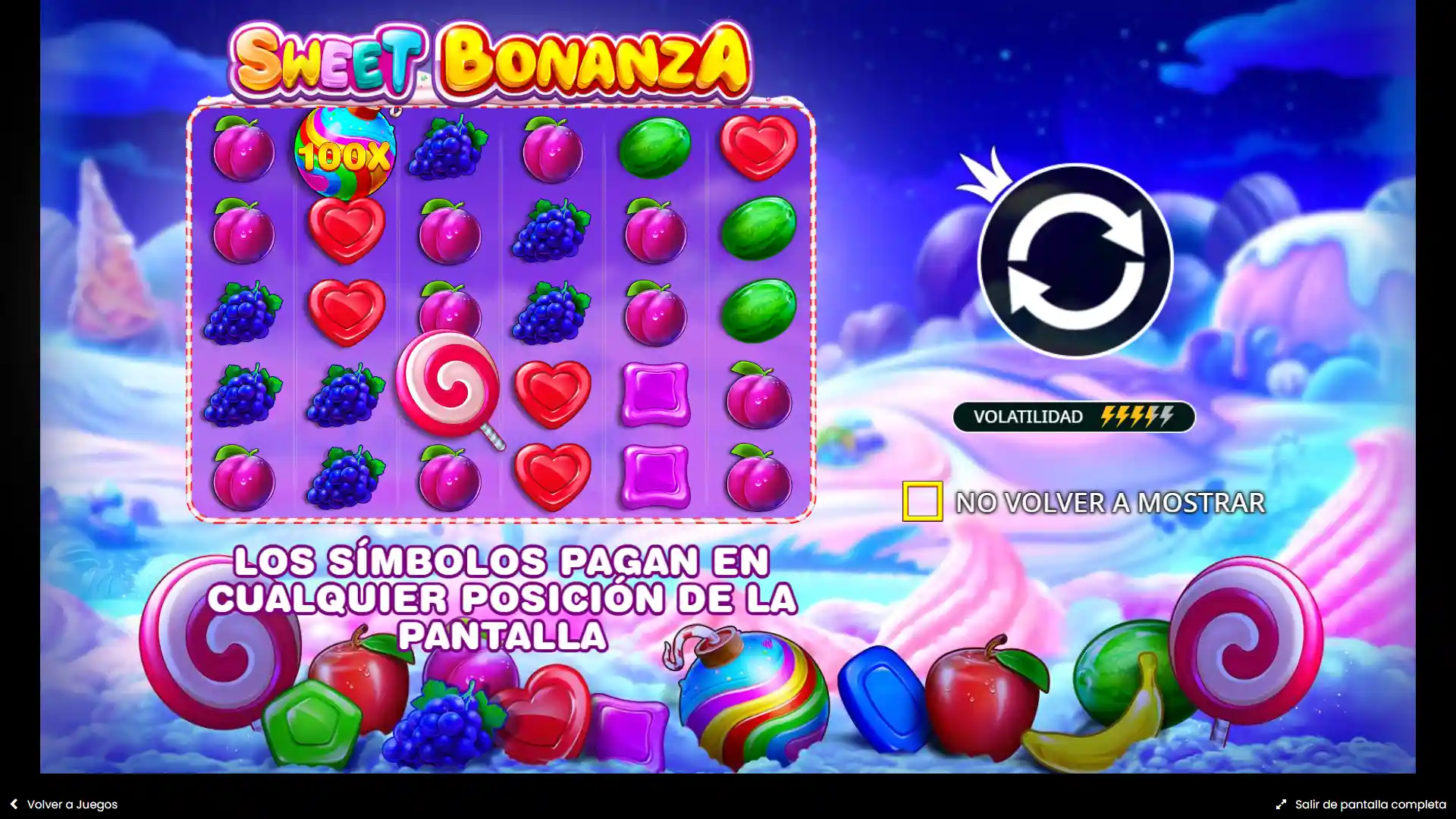 Pantalla de carga inicial del juego de tragamonedas Sweet Bonanza en un casino online de Chile.