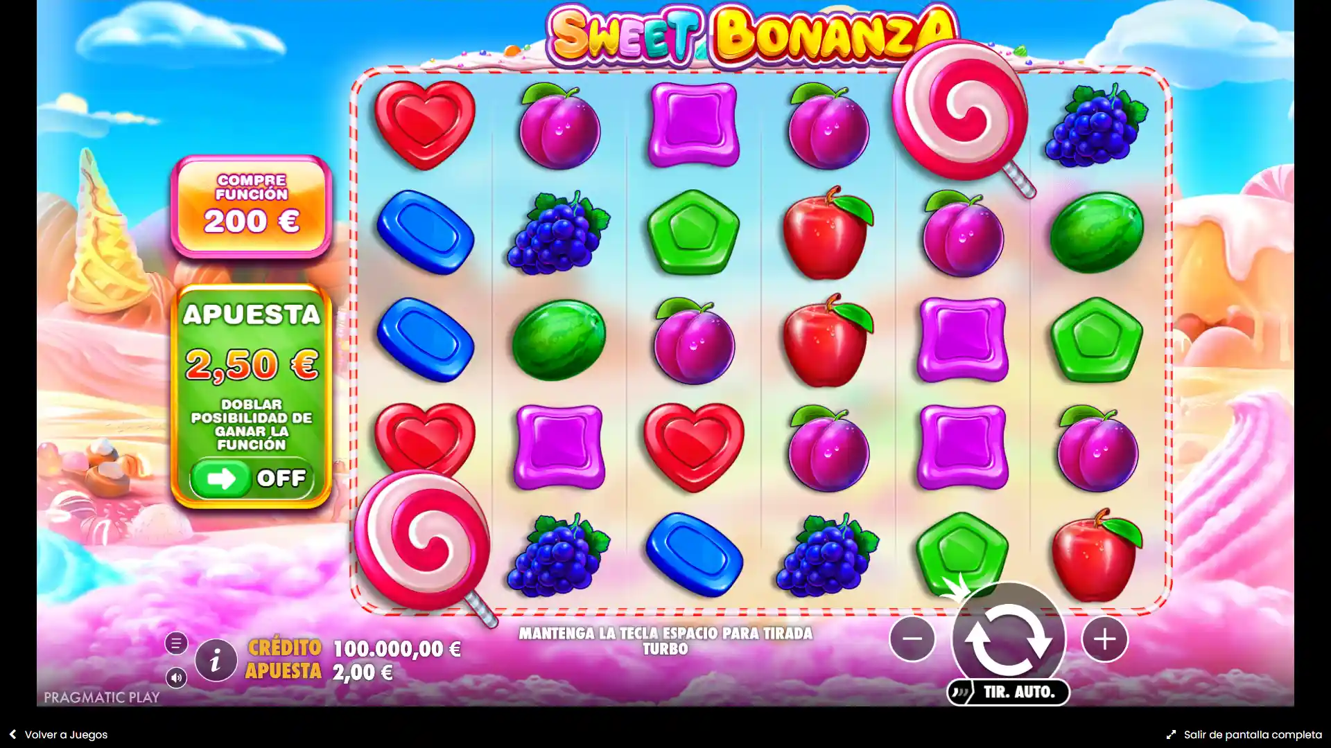 Interfaz de la pantalla principal de la colorida tragamonedas Sweet Bonanza lista para comenzar a apostar.