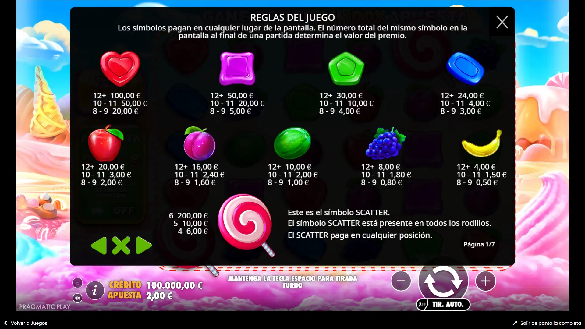 Sección de información que muestra la tabla de pagos, el valor de los símbolos y las reglas generales de Sweet Bonanza.